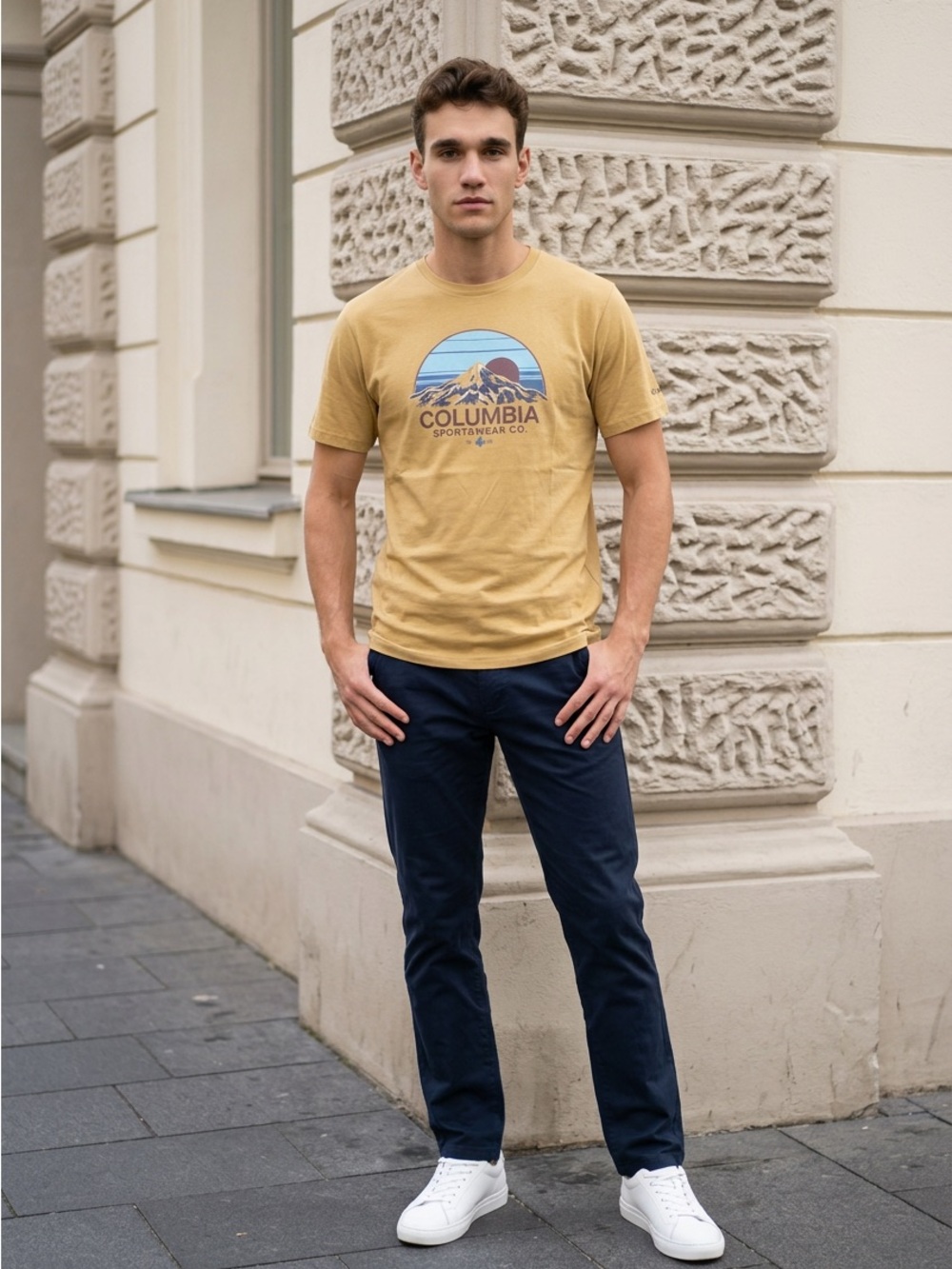 Columbia Men’s Tan Graphic Tee with Navy Pants Size S